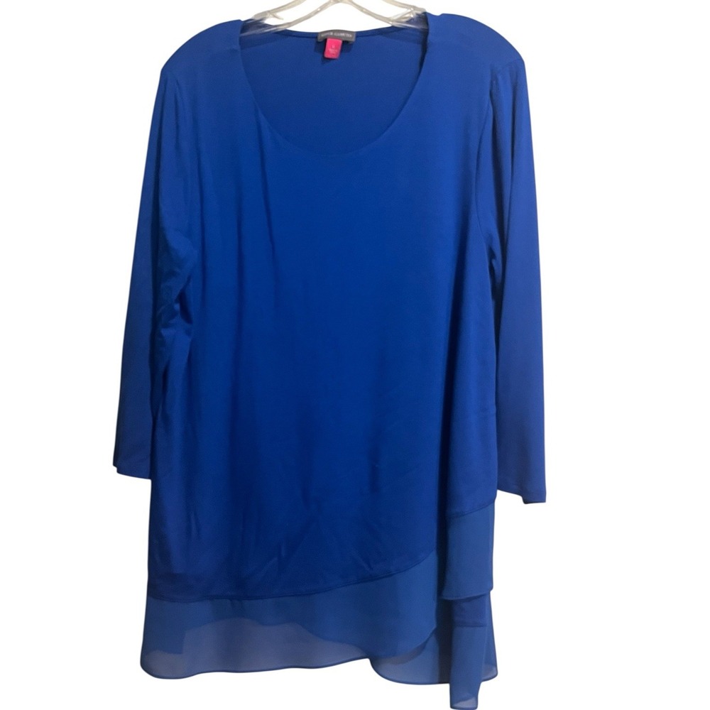 Vince Camuto Women's Top Royal Blue Large Long Sleeve Chiffon Hem Round Neck